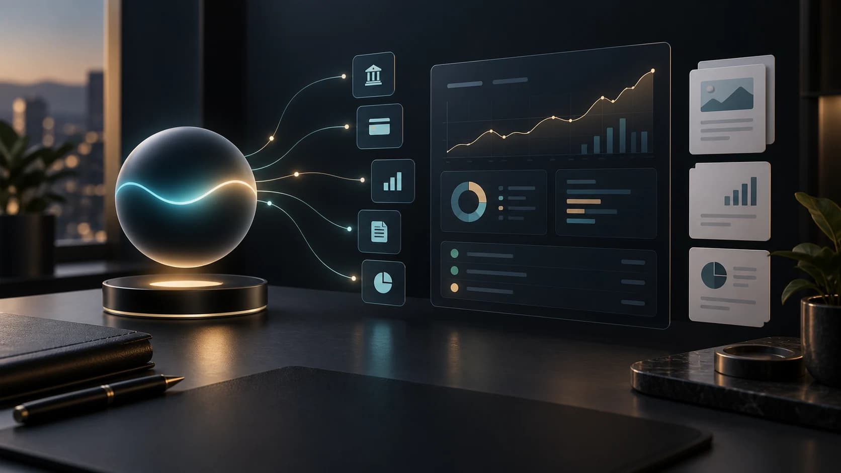 AI assistant connected to organized financial accounts, reports, transactions and documents