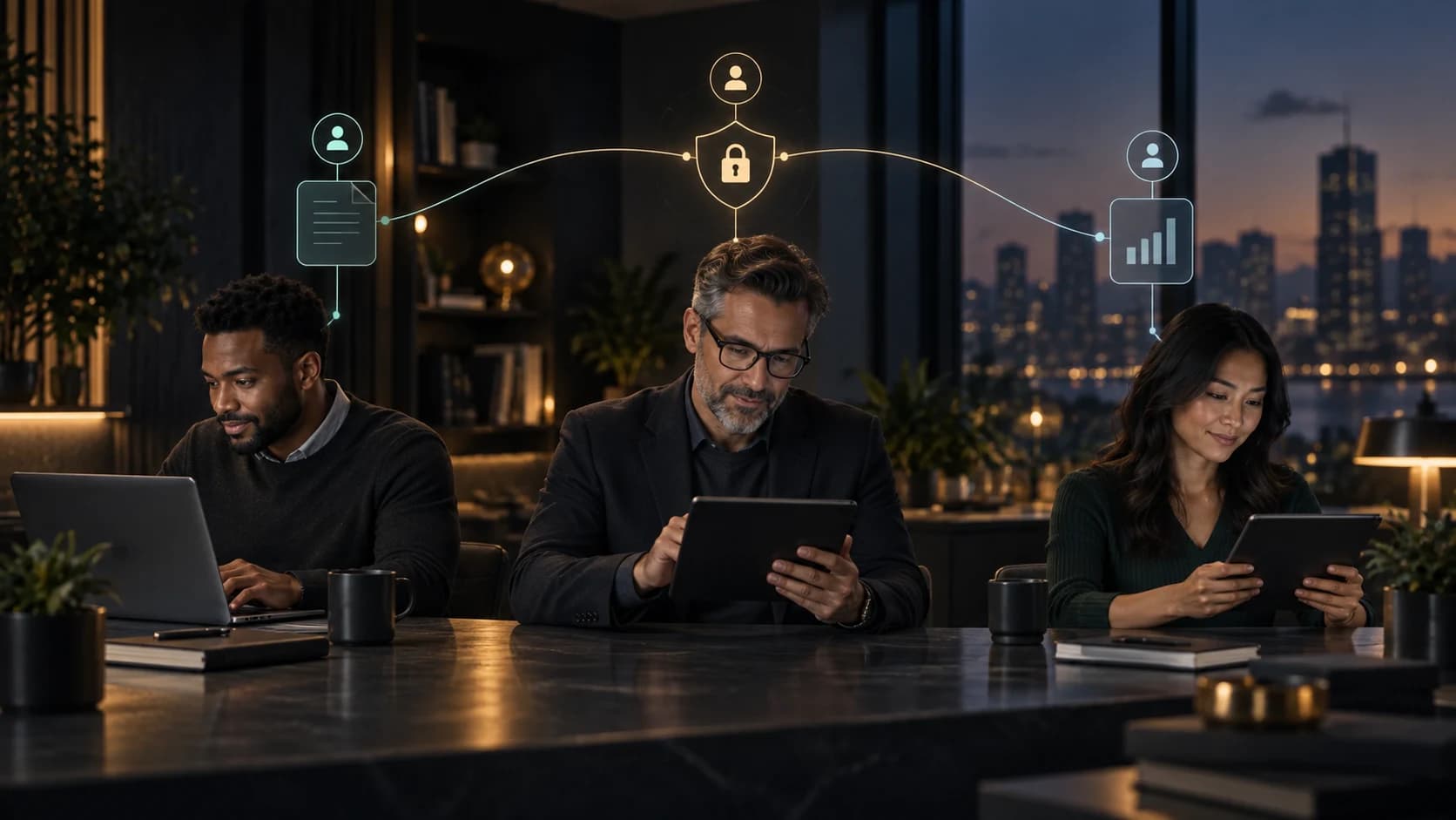 Three collaborators working with securely scoped access to financial documents and reports