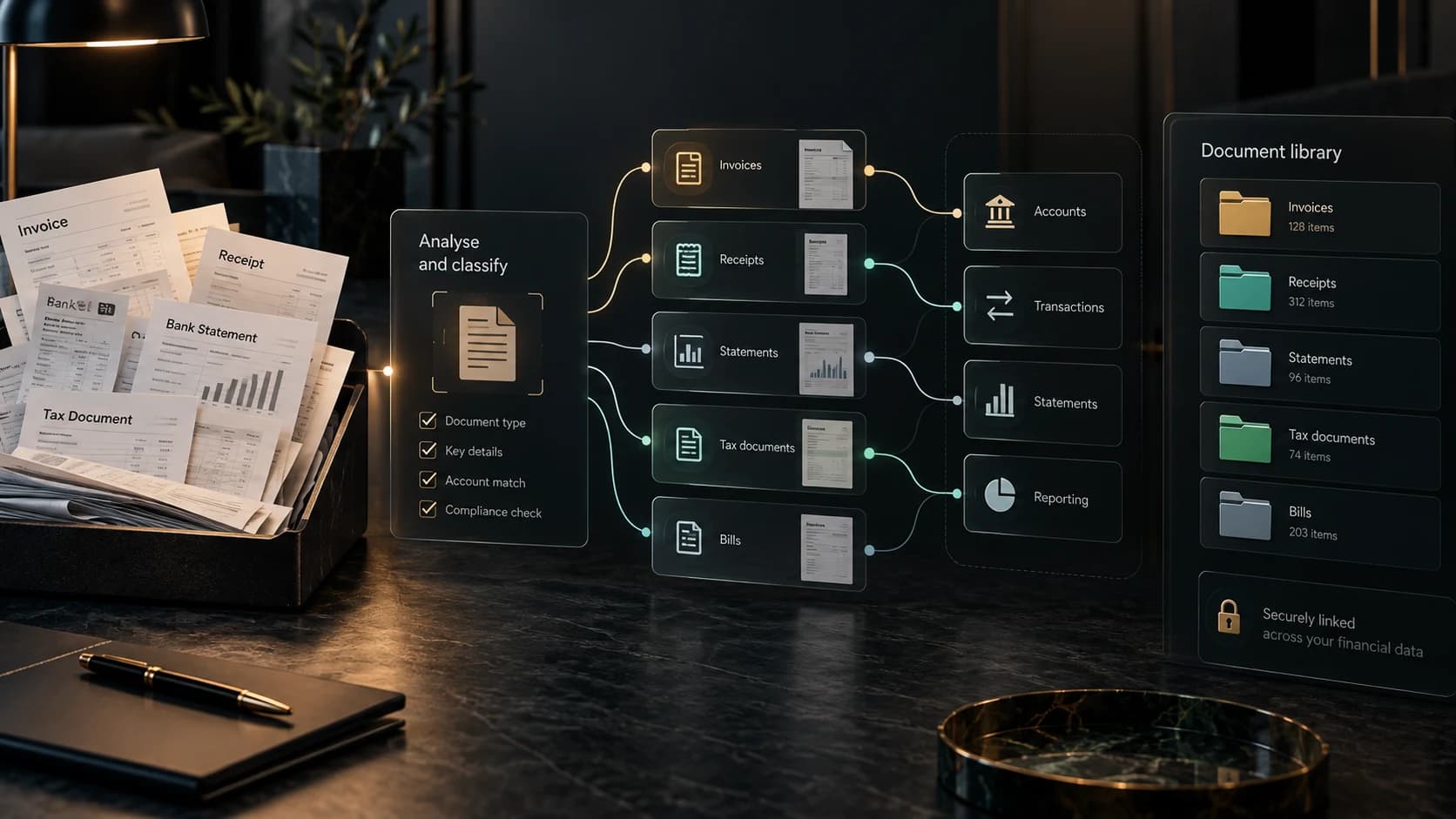Financial documents being analyzed, securely linked to accounts and transactions, and routed into an organized document library