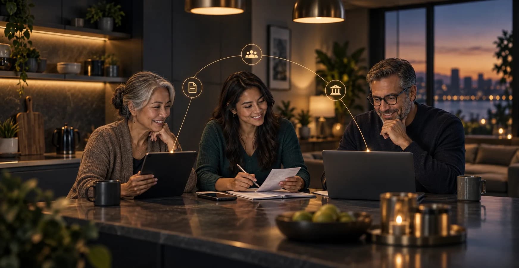 Household members collaborating on shared finances across a tablet, documents and a laptop