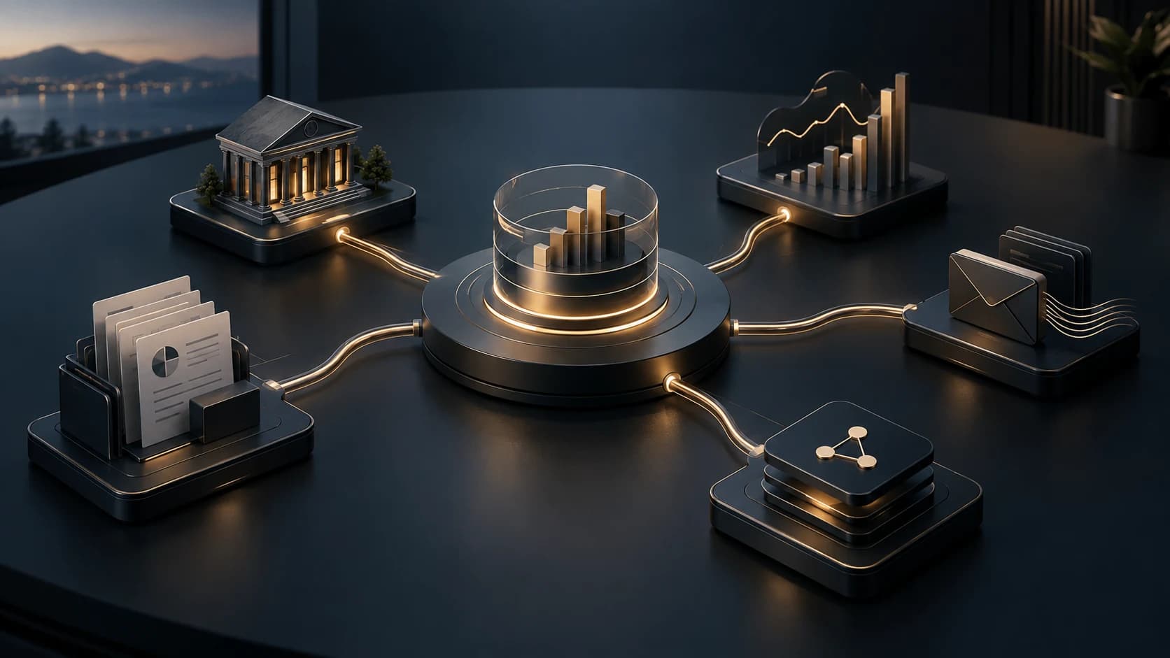 Financial integrations connecting banking, investments, documents, email and APIs into one workspace