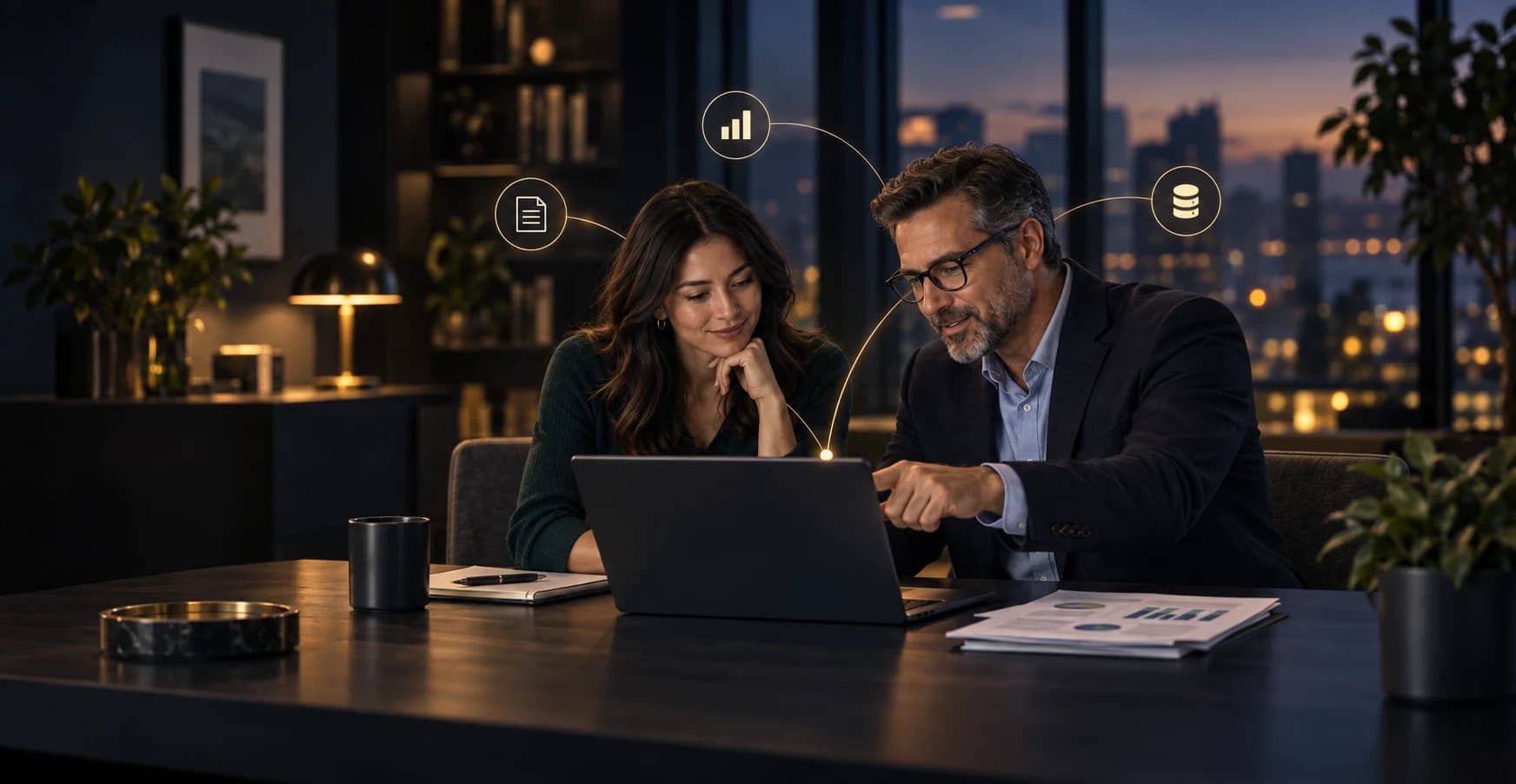 A client and accountant collaborating over a shared financial workspace and organized records