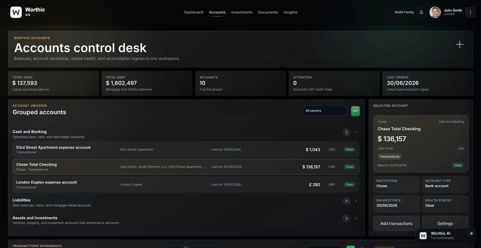 Worthic Accounts Control Desk showing grouped shared accounts