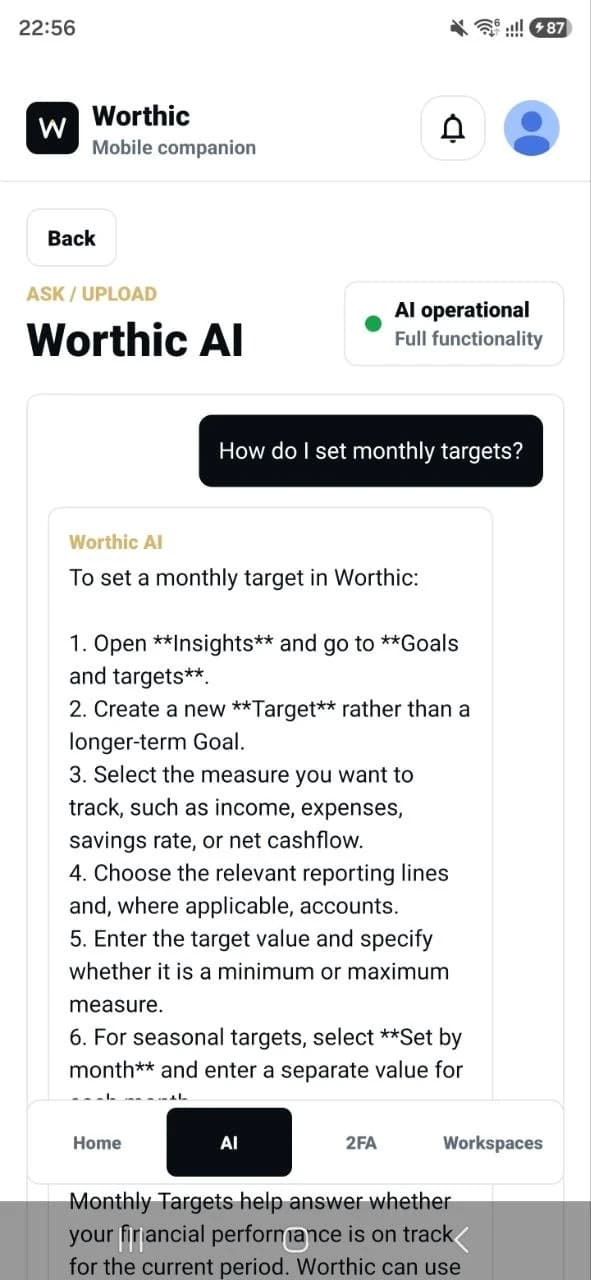 Worthic mobile AI assistant explaining how to set monthly targets