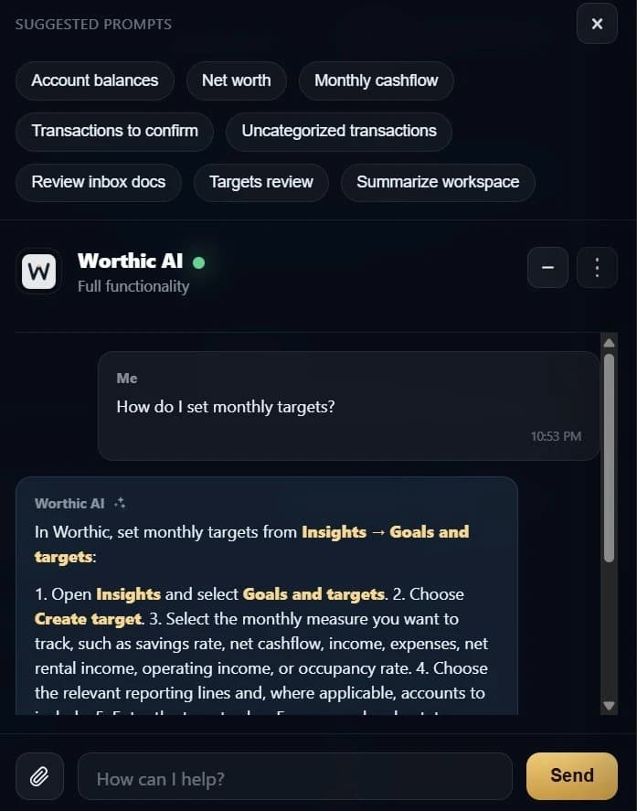 Worthic AI web assistant explaining how to set monthly targets
